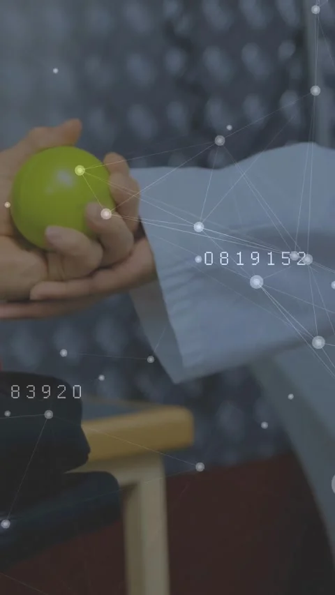 Vertical video: Doc reaching patient cradling apple for health exam, data Stock Footage 331077526