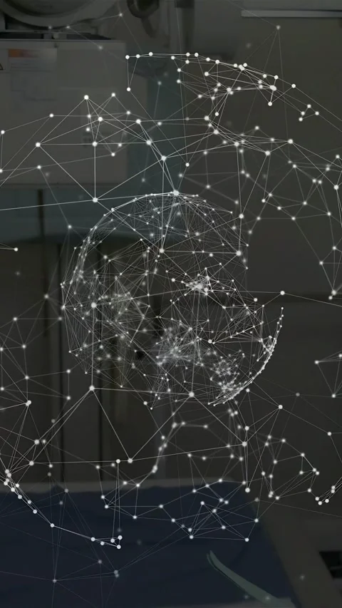 Vertical video: Doc tapping tablet, activating 3D med sphere rotating, lighting Stock Footage 333289596