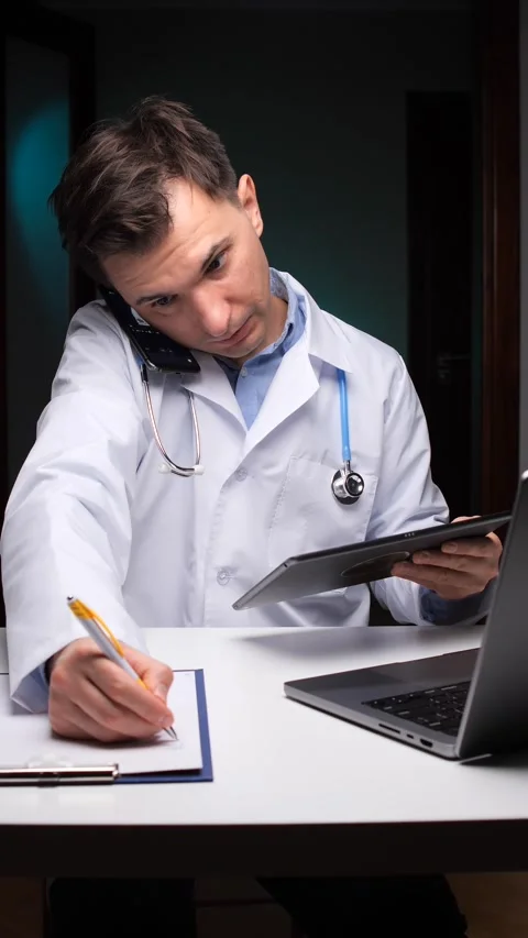 Vertical video doctor in white coat multitasking at a cluttered desk, talking on Stock Footage 324768412