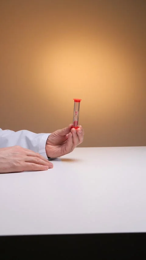 Vertical video doctor's hand, wearing a white lab coat, holding a small red Stock Footage 324762464