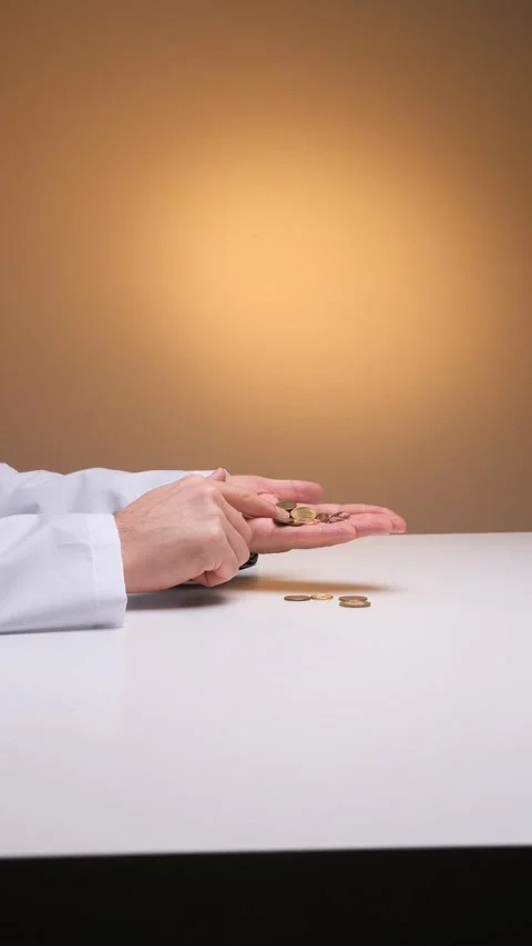 Vertical video doctor's hands in a medical gown carefully counting coins Stock Footage 324767212