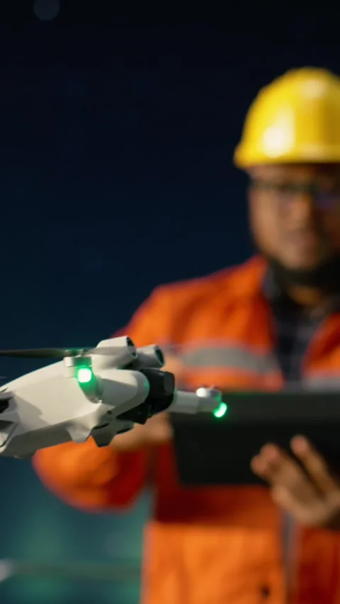 Vertical video Dodging transit blockade, drone close up and men on offshore Stock Footage 339889610