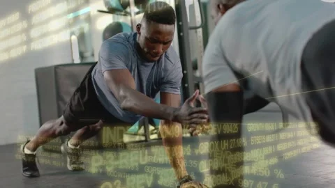 Vertical video: Doing partner pushups blue shirt man on coach cue, trading taps Stock Footage 333936378