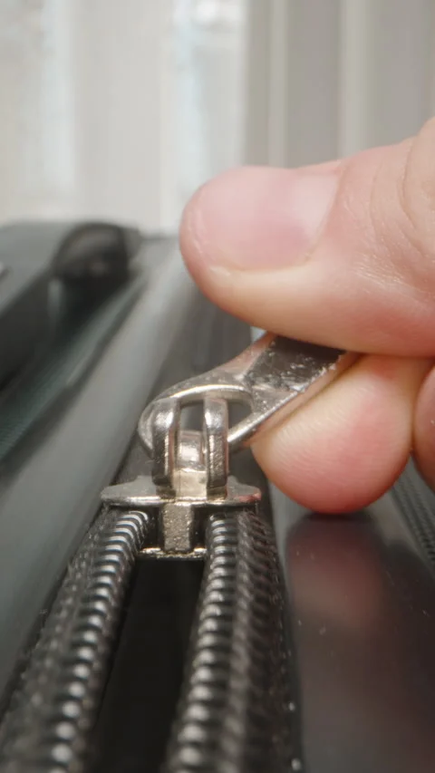 Vertical video. Dolly slider, close up. A Hand pulls the zipper of a suitcase, Stock Footage 282311411