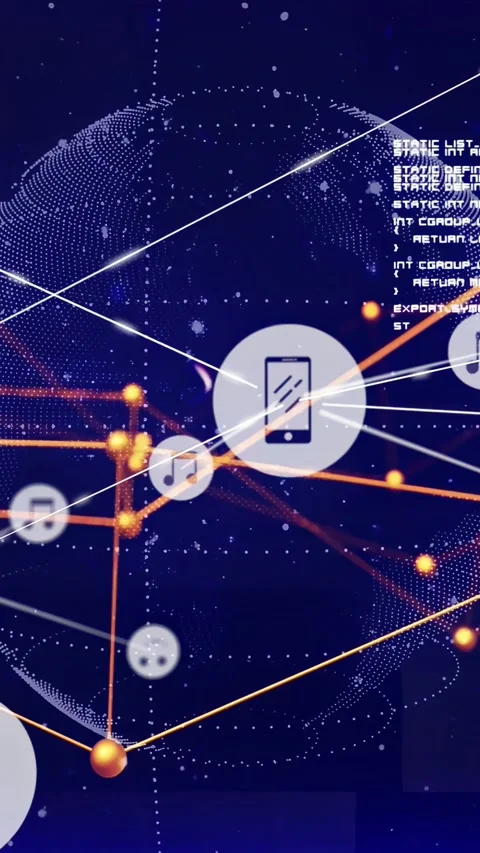Vertical video: Dot globe tech phone icon sparking nodes pulsing streams Stock Footage 332547012