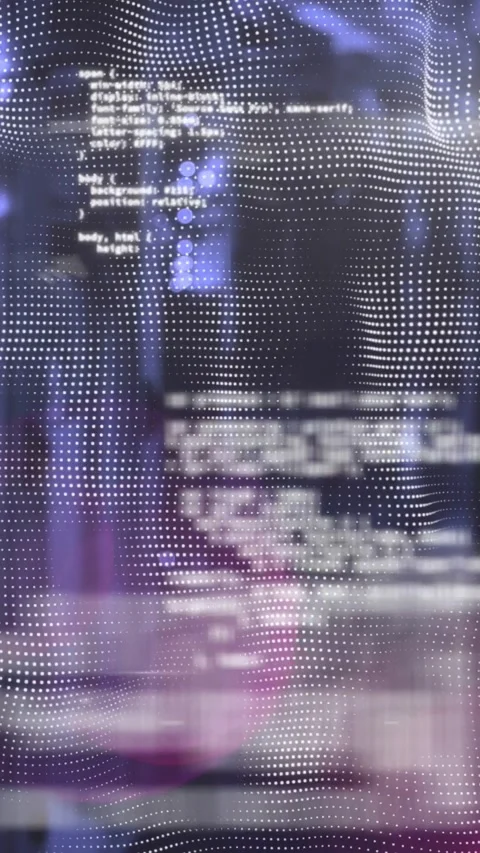 Vertical video: Dot grid rippling and blurring code as cam shifting  and  flare Stock Footage 332747849