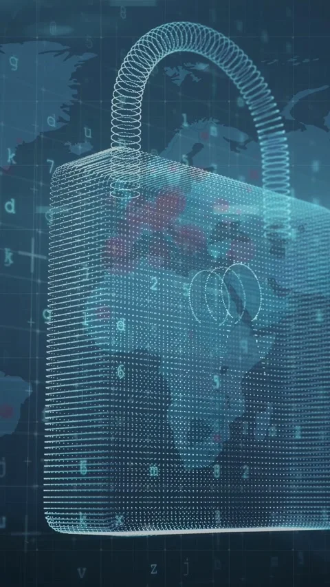 Vertical video: Dots flowing from corner meshing into dotted lock above map Stock Footage 334792661
