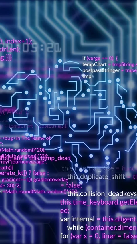 Vertical video: Dots joining sparking magenta sweep, circuit brain forming, code Stock Footage 334792866