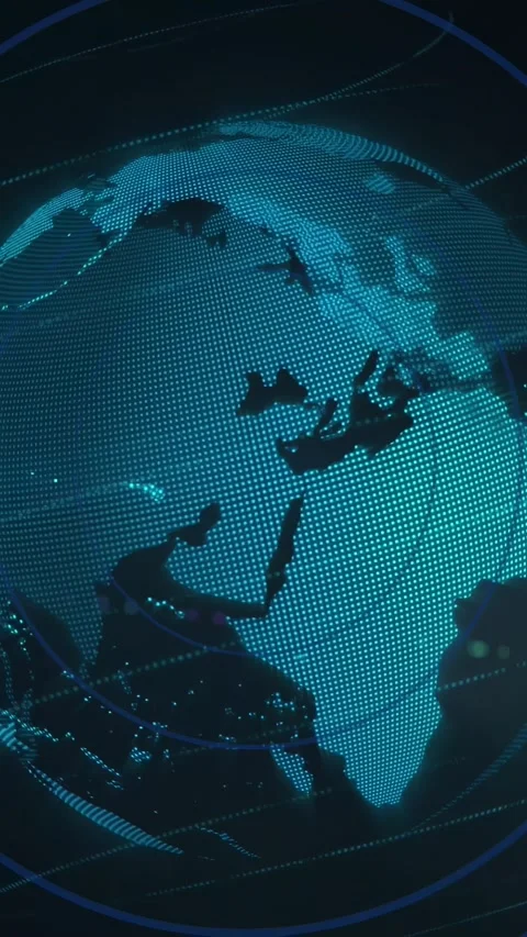 Vertical video: Dots resolving into rotating teal globe, spinning with rings and Stock Footage 328332277