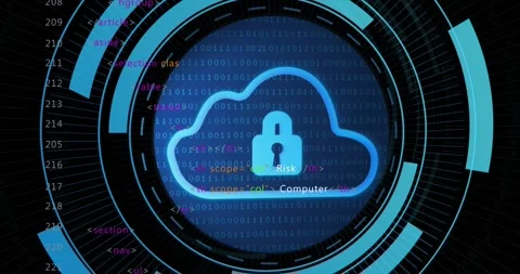 Vertical video: Dots sparking cloud-padlock rising in cyan rings, labels showing Stock Footage 330330715