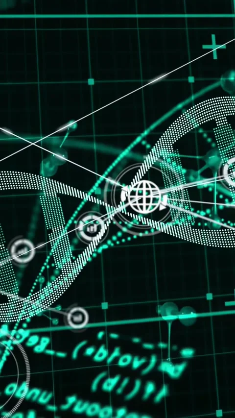 Vertical video: Dotted double-helix pulsing and shifting, drawing node links for Stock Footage 331168737