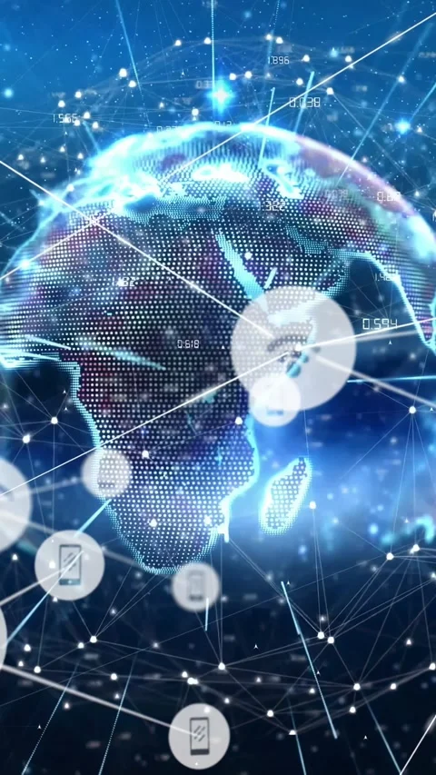 Vertical video: Dotted globe rotating node pulsing sending devices along lines Video stock 334319175