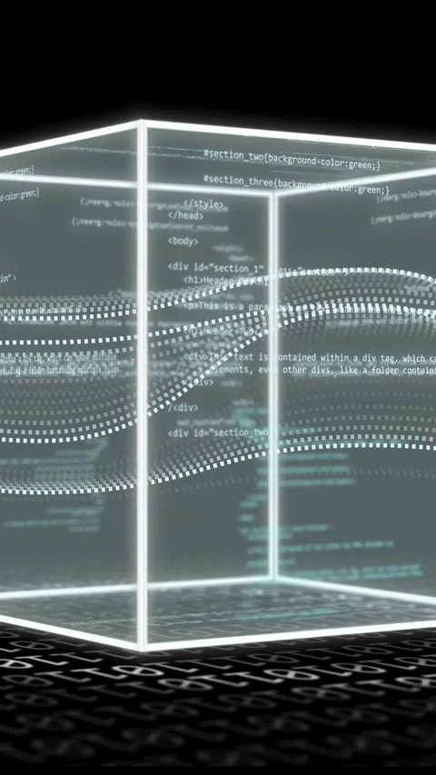 Vertical video: Dotted ribbon reaching center 3D wire cube forming code Stock Footage 334770907