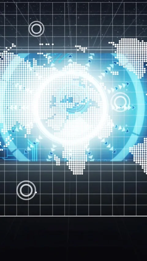 Vertical video: Dotted world map emitting rings from ripple, halo flaring, Stock Footage 329934036