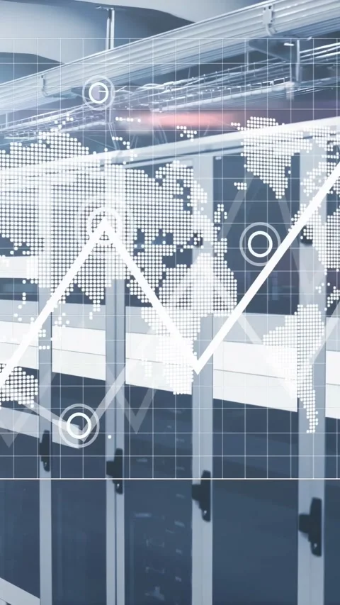 Vertical video: Dotted world map overlay showing network flow over racks pink Stock Footage 331270759