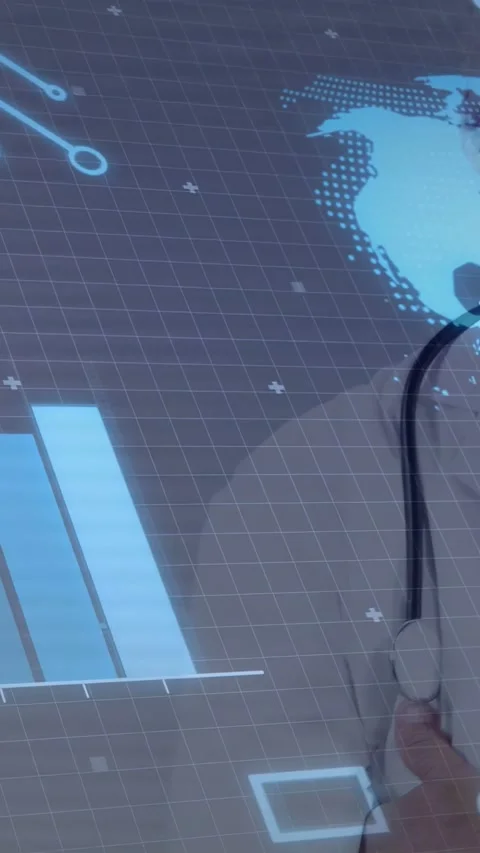 Vertical video: Dr entering frame aligning behind glass health map overlaying Stock Footage 333596307