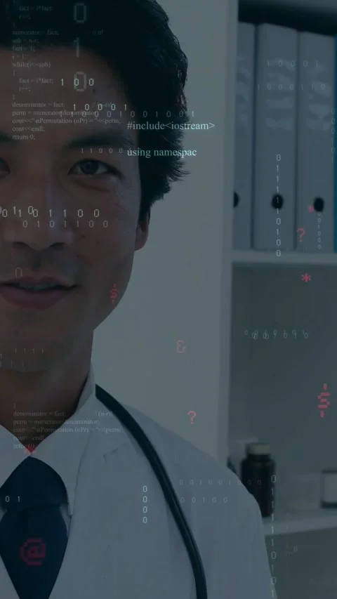 Vertical video: Dr gazing as code scrolling causing shot widening to reveal Stock Footage 334598866