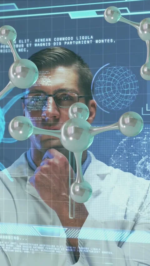Vertical video: Dr holding chin as eye-scan activating HUD microbe models Stock Footage 334917210