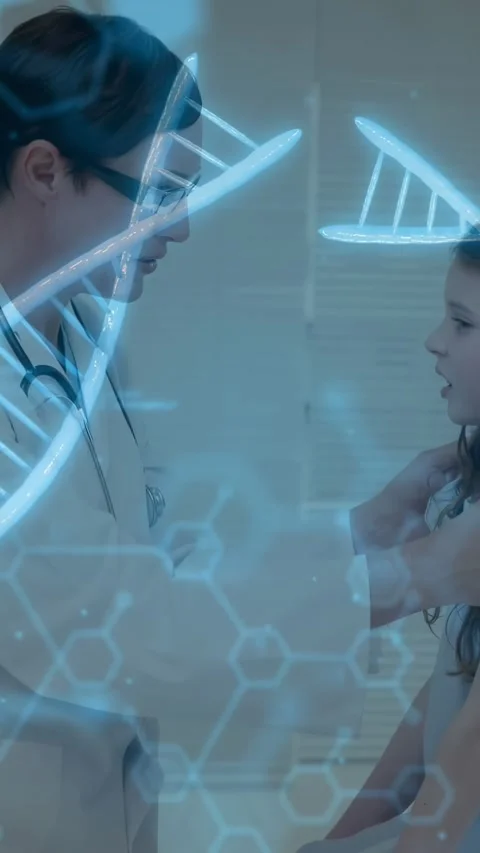 Vertical video: Dr leaning and speaking making floating DNA helix and code layer Stock Footage 329840665