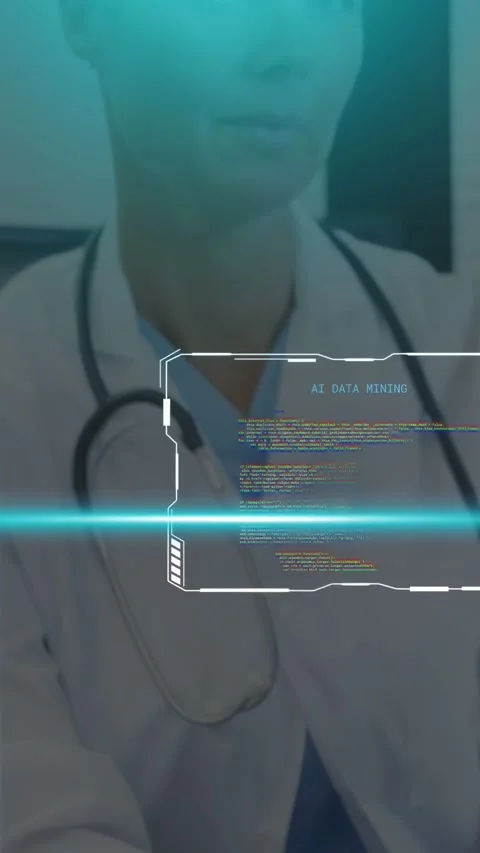 Vertical video: Dr looking up after HUD panels sliding, cyan scan crossing face Stock Footage 335263965