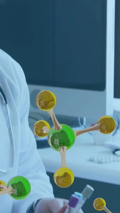 Vertical video: Dr picking tubes, opening caps for lab test, 3D models floating Stock Footage 334377883
