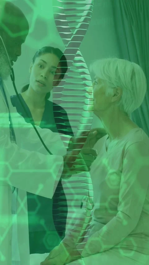 Vertical video: Dr placing stethoscope on patient, RN checking tablet while DNA Stock Footage 332644689