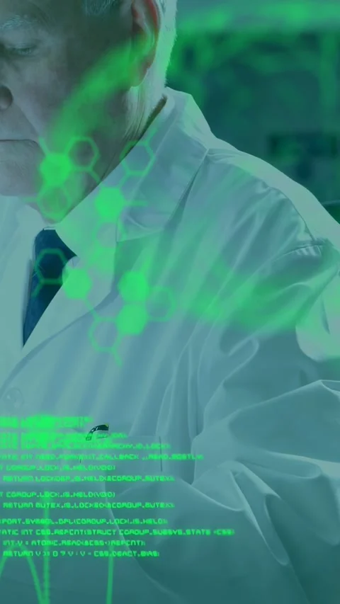 Vertical video: Dr reviewing data in lab, turning while screen feeding green Stock Footage 340133473