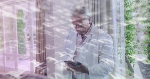 Vertical video: Dr tapping device checking health data light icons sweeping over Stock Footage 331269898