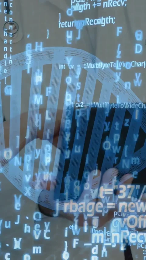 Vertical video: Dr tapping tablet, revealing AR DNA helix and scrolling code Stock Footage 330430326