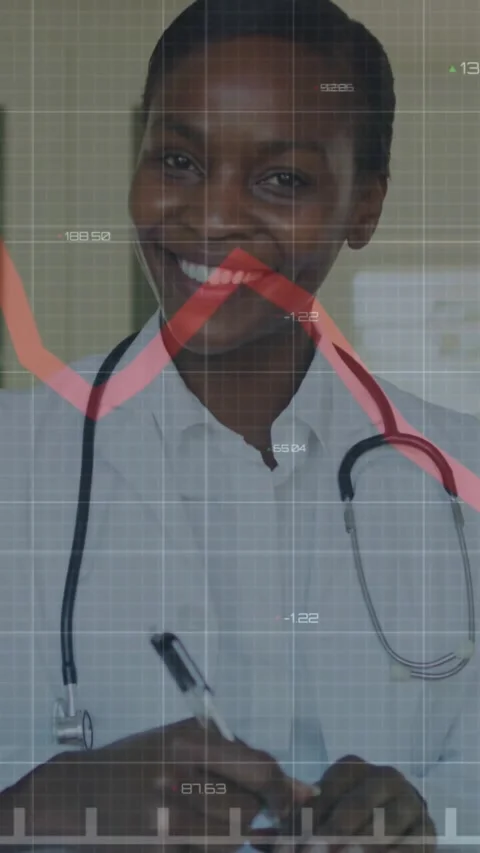 Vertical video: Dr touching pad, noting vitals while faint grid and red line Stock Footage 334319491
