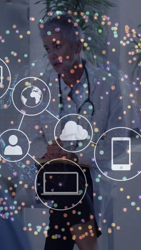 Vertical video: Dr writing chart in clinic, globe appearing linking cloud or Stock Footage 330655329