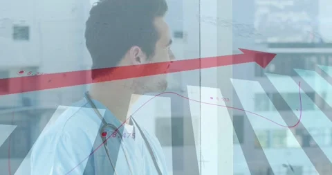 Vertical video: Dr writing notes checking data, starting red arrow graph overlay Stock Footage 331820936