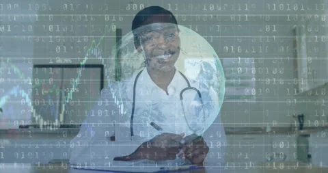 Vertical video: Dr writing then raising hand as charts and binary globe rising, Stock Footage 330981225