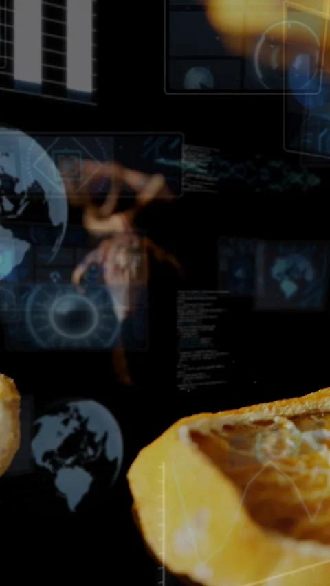 Vertical video: Dried orange slice appearing, HUD icons layering over face and Stock Footage 328332158