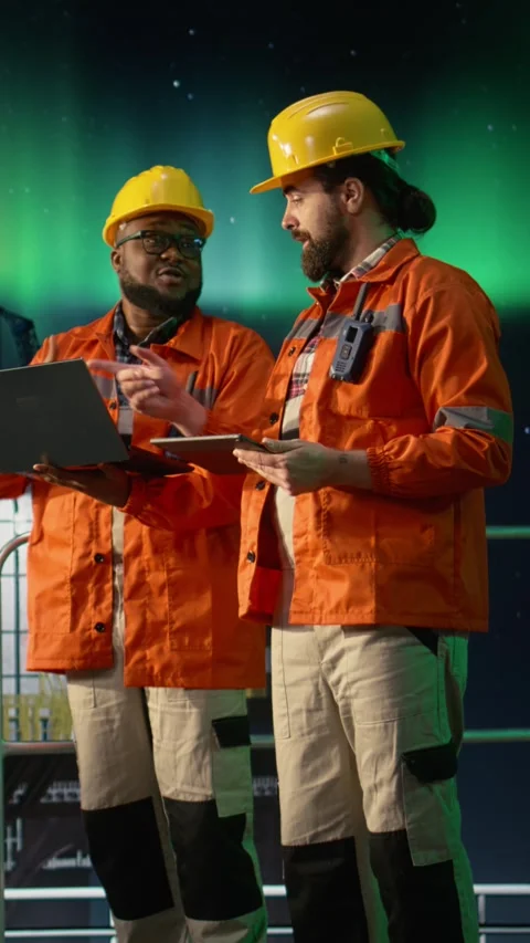 Vertical video Drilling barge engineering team men analyze oil crisis logistics Stock Footage 339887054