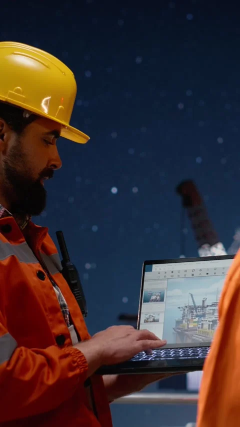 Vertical video Drilling barge team using laptop to monitor malfunctions during Stock Footage 339890291