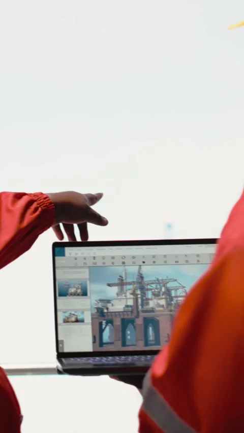 Vertical video Drilling rig boat engineering team using laptop to monitor Stock Footage 319715363