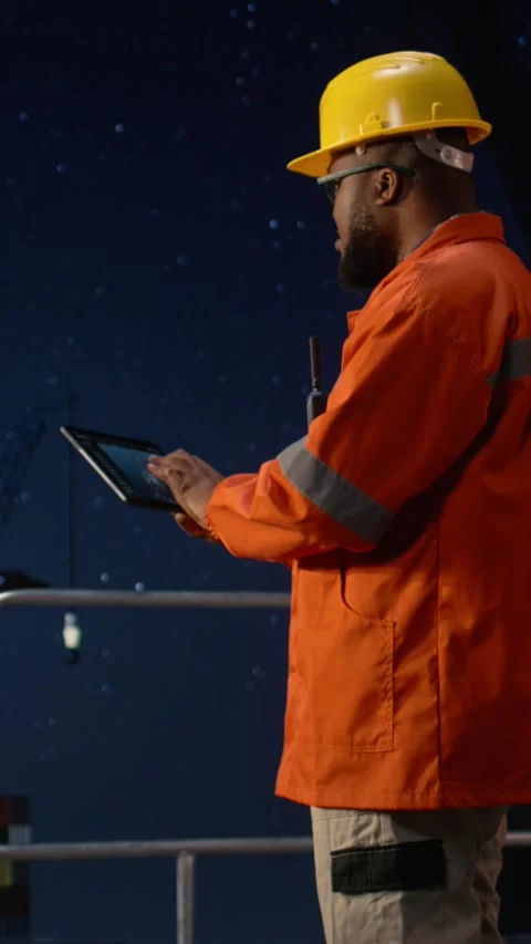 Vertical video Drilling rig engineers using tablet for anomaly detection during Stock Footage 339887831