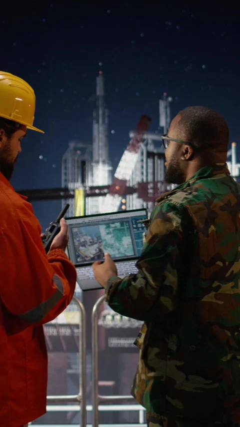 Vertical video Drilling ship worker and military man use laptop to monitor Stock Footage 339888183