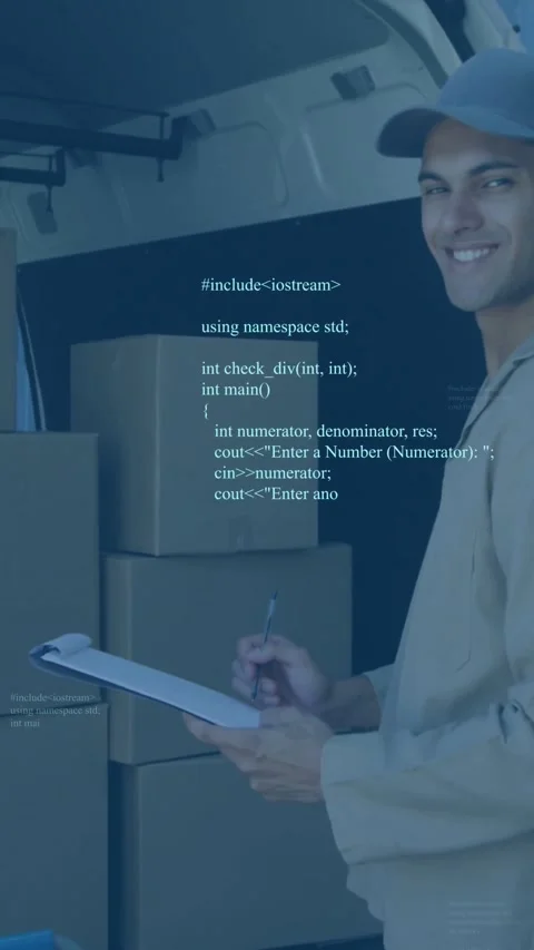 Vertical video: Driver confirming load on clipboard as code overlay appearing, Stock Footage 334602898