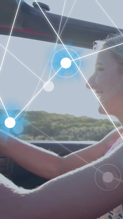 Vertical video: Driver driving overlay appearing and mapping tech nodes across Video stock 333465369