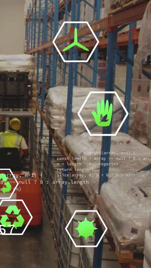 Vertical video: Driver operating forklift entering aisle, green icons popping, Stock Footage 332823111