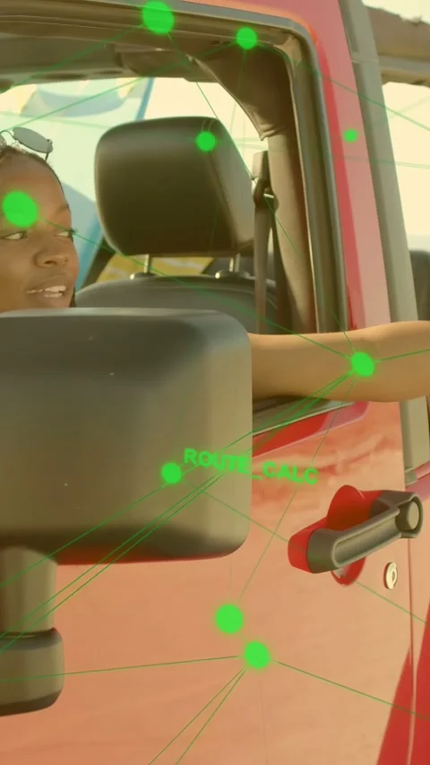Vertical video: Driver smiling, leaning in auto as ROUTE_CALC overlay appearing Stock Footage 334770639
