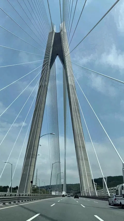 Vertical Video of Driving on a Modern Cable-Stayed Suspension Bridge Stock-Footage 337781053