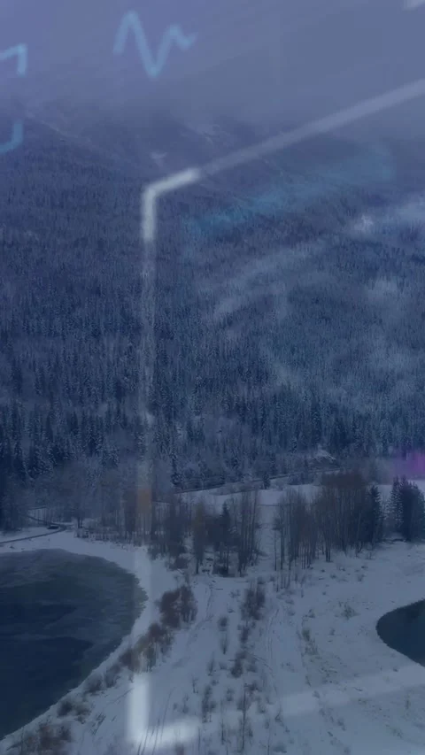Vertical video: Drone dropping over frozen coast, hex overlay drifting, marking Stock Footage 334382289