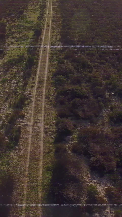 Vertical video: Drone lifting forward, revealing parallel ruts converging, Stock-Footage 329934153