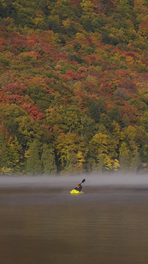 Vertical Video Drone Man Paddling Fog Covered Lake Fall Foliage Stock Footage 255752648