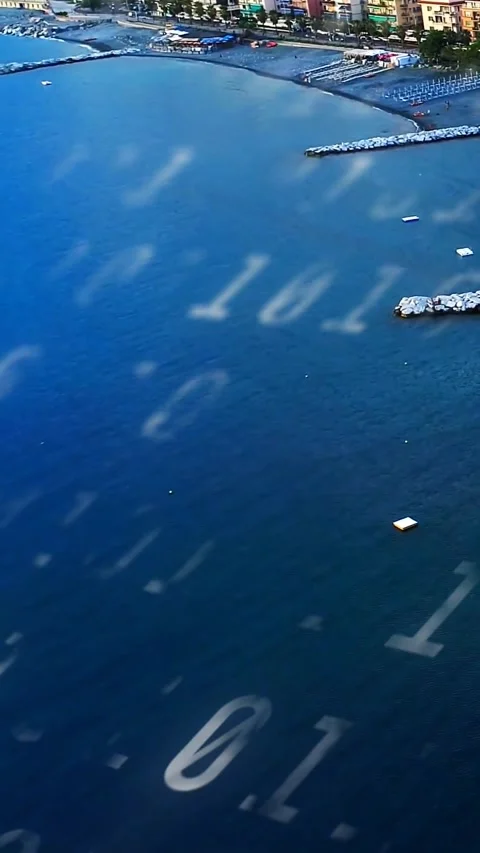 Vertical video: Drone panning bay, initiating binary tech numerals drifting Stock Footage 330286478