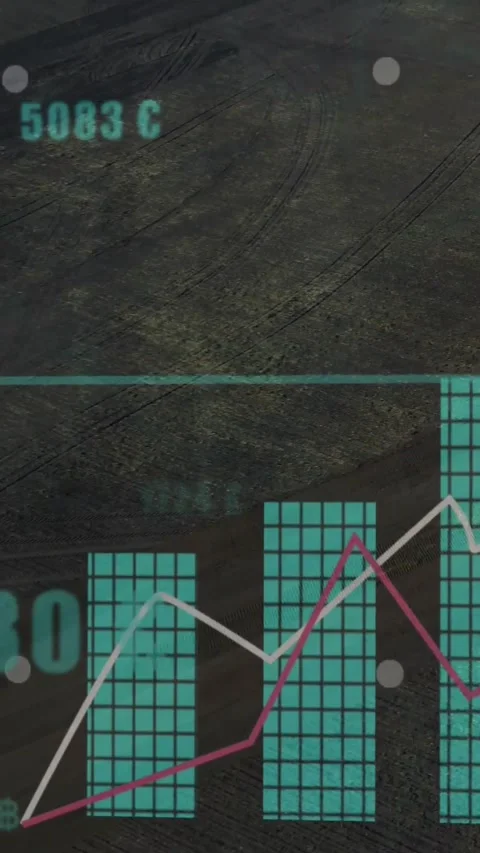 Vertical video: Drone panning on tractor HUD charts rising, showing farm data as Stock Footage 328350147