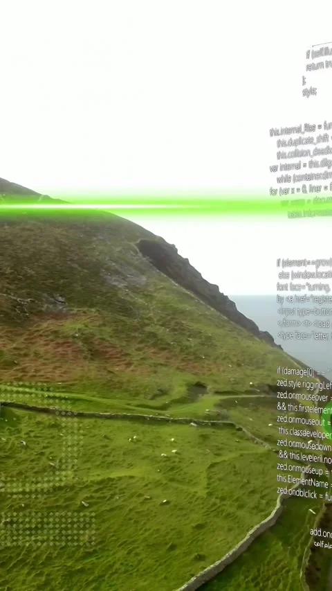 Vertical video: Drone sending scan, hill receiving neon beam, cross, code Stock Footage 333465310